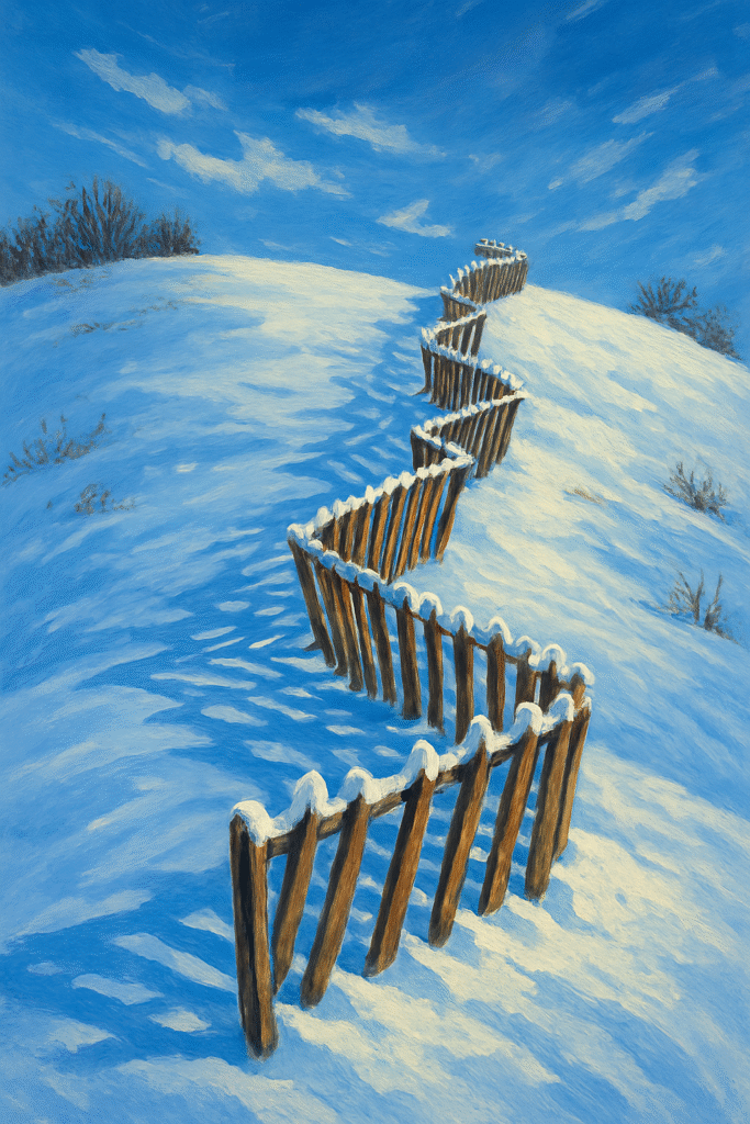 AI visualization of Thundersnow at Midnight a fence on a snowy hill zigzagging